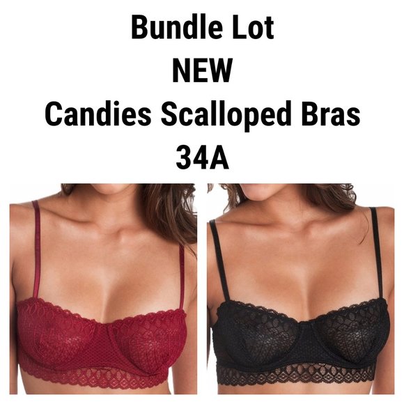 2 Candies Bra Scalloped Trim Mesh Unlined Red Black 34A Adjustable Straps NEW - Picture 1 of 9